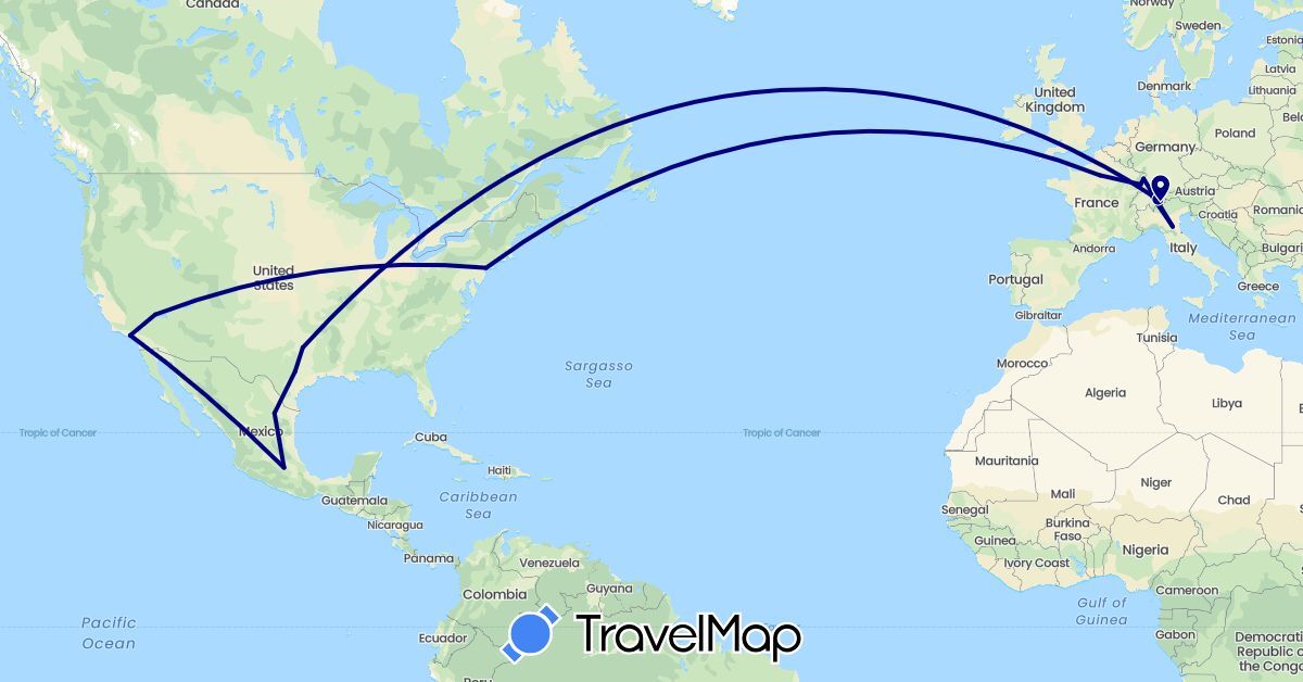 TravelMap itinerary: driving in Switzerland, France, Italy, Mexico, United States (Europe, North America)
